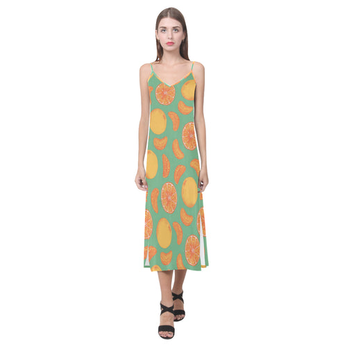 orange fruit pattern green background V-Neck Open Fork Long Dress