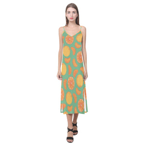 orange fruit pattern green background V-Neck Open Fork Long Dress