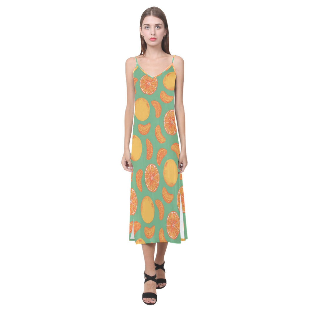 orange fruit pattern green background V-Neck Open Fork Long Dress