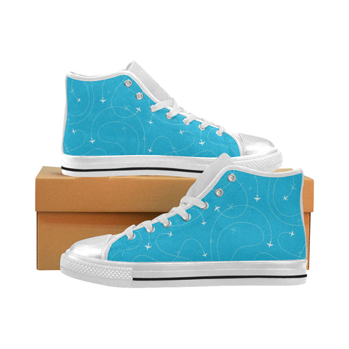 Airplane destinations blue background Women's High Top Canvas Shoes White