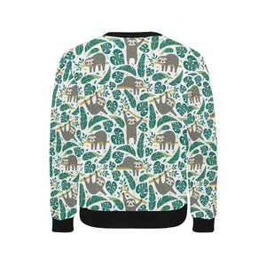 Cute sloths tropical palm leaves white background Men's Crew Neck Sweatshirt