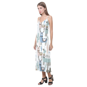 lama Alpaca cactus hand drawn pattern V-Neck Open Fork Long Dress