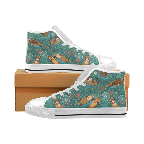 cute brown sea otters ornamental seaweed corals gr Men's High Top Canvas Shoes White