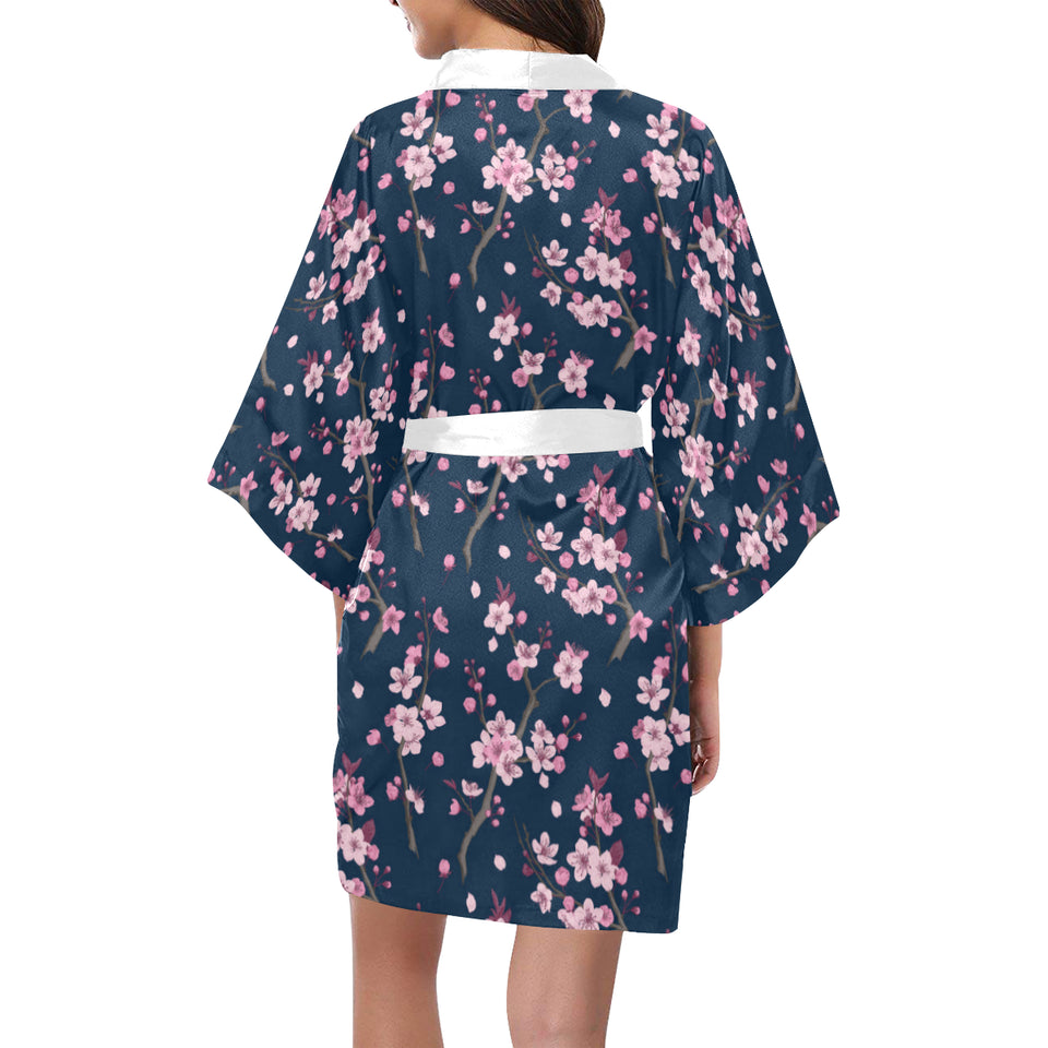 Pink sakura cherry blossom blue background Women's Short Kimono Robe