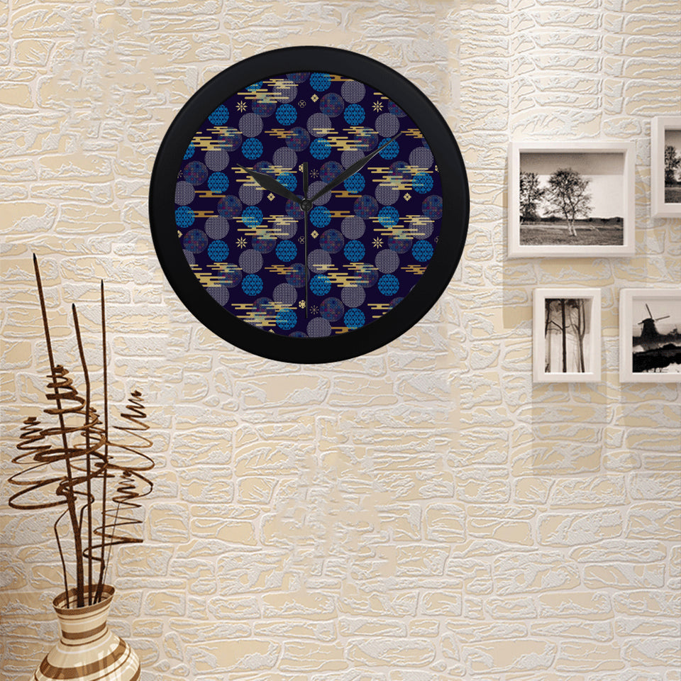 Blue japanese pattern cloud wave flower Elegant Black Wall Clock