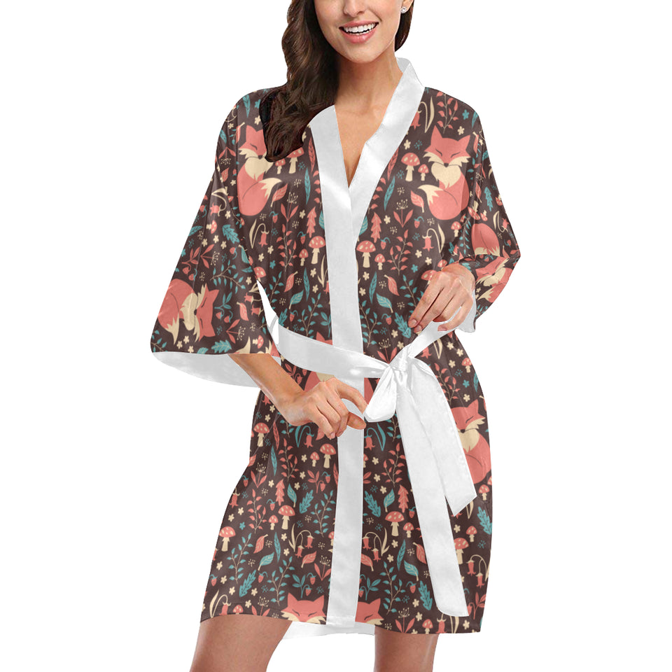 fox leaves mushroom pattern Women's Short Kimono Robe