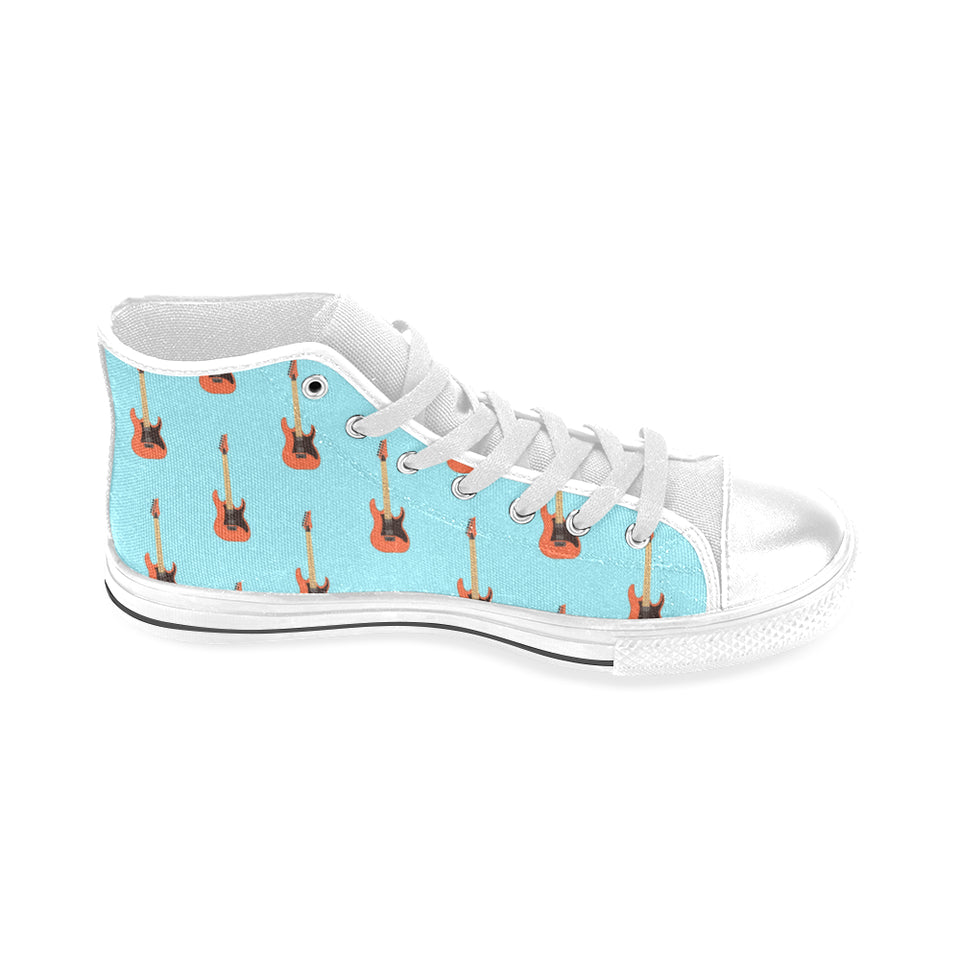 electric guitar pattern light blue background Men's High Top Canvas Shoes White