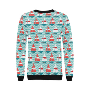 Red White sailboat wave background Women's Crew Neck Sweatshirt