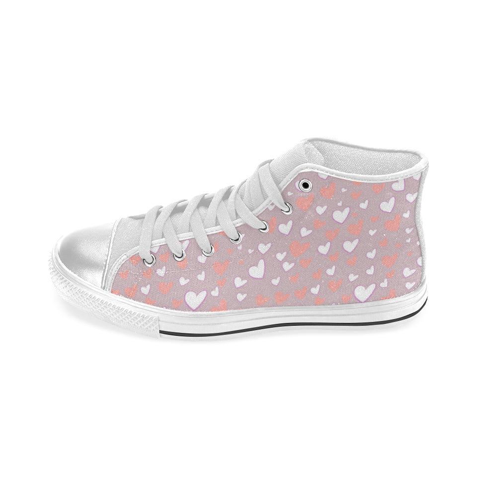 coral white heart pattern Women's High Top Canvas Shoes White