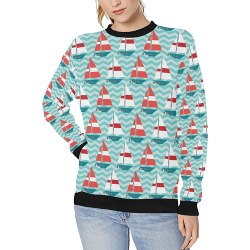 Red White sailboat wave background Women's Crew Neck Sweatshirt