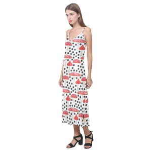 Red mushroom dot pattern V-Neck Open Fork Long Dress