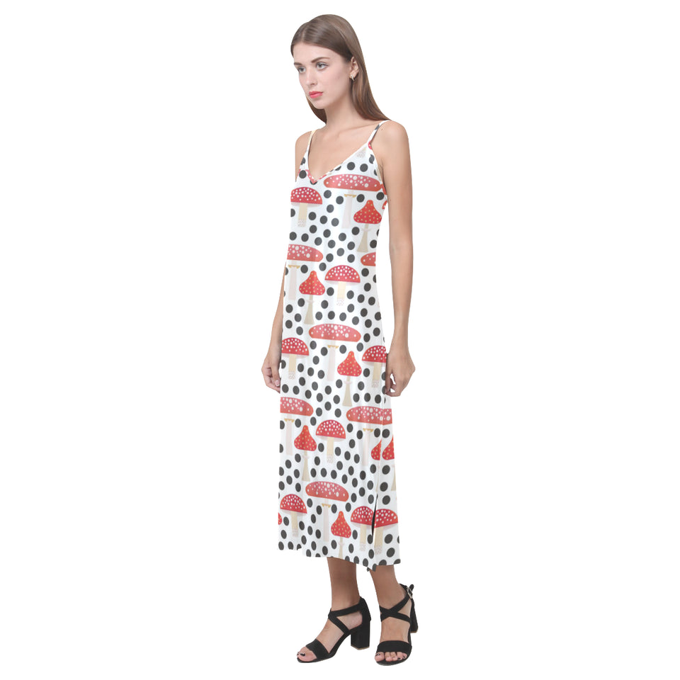 Red mushroom dot pattern V-Neck Open Fork Long Dress