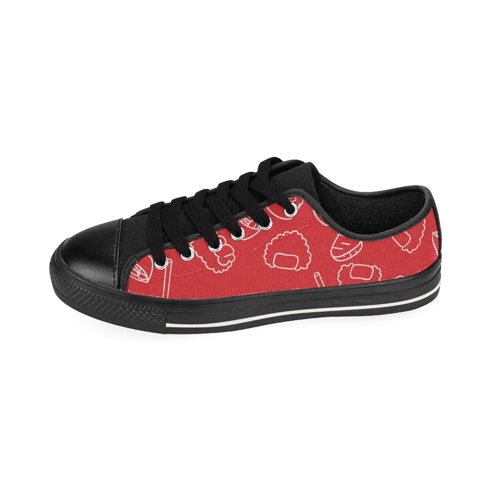 sushi pattern red background Men's Low Top Canvas Shoes Black