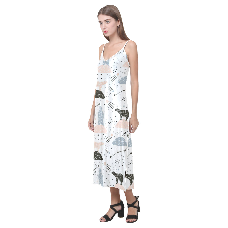 Polar bears star poka dot pattern V-Neck Open Fork Long Dress