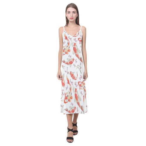 Watercolor fancy carp pattern V-Neck Open Fork Long Dress