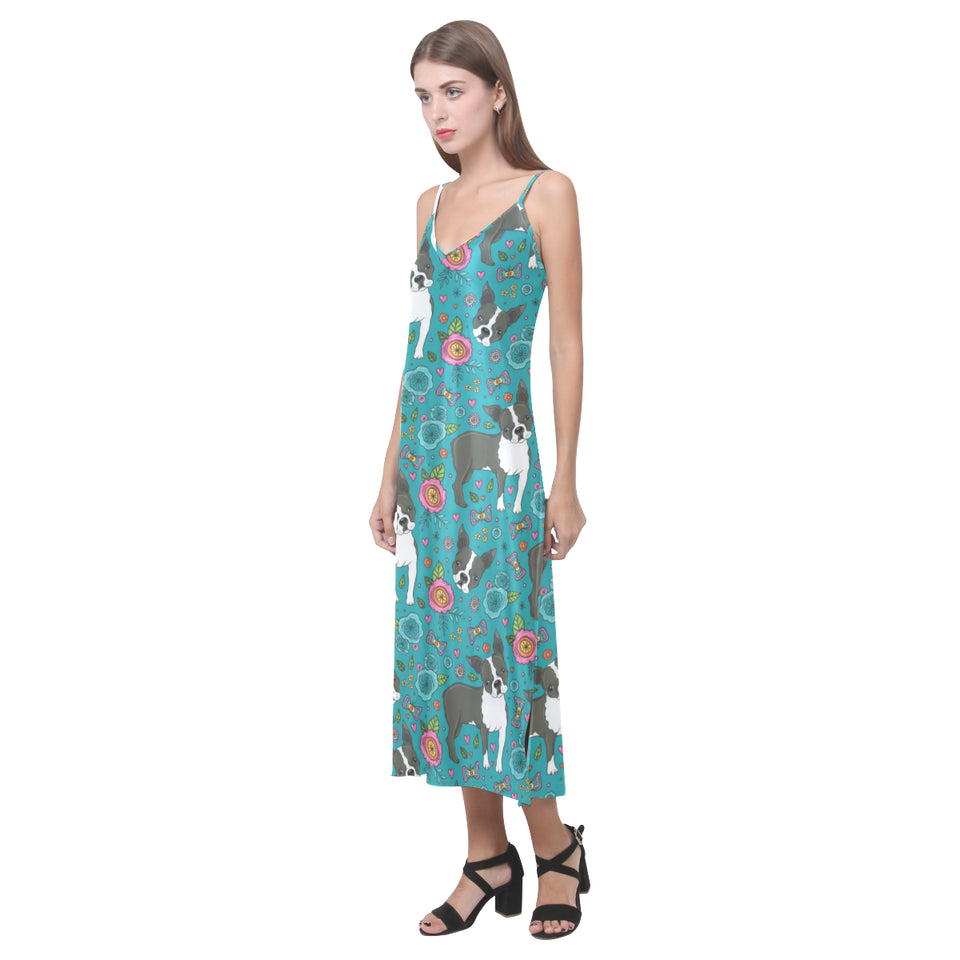 Boston terrier beautiful flower pattern V-Neck Open Fork Long Dress