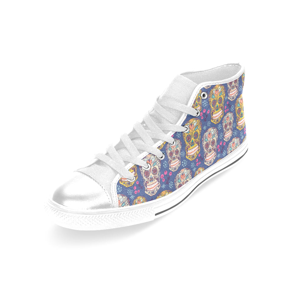 Sugar skull flower pattern Women's High Top Canvas Shoes White
