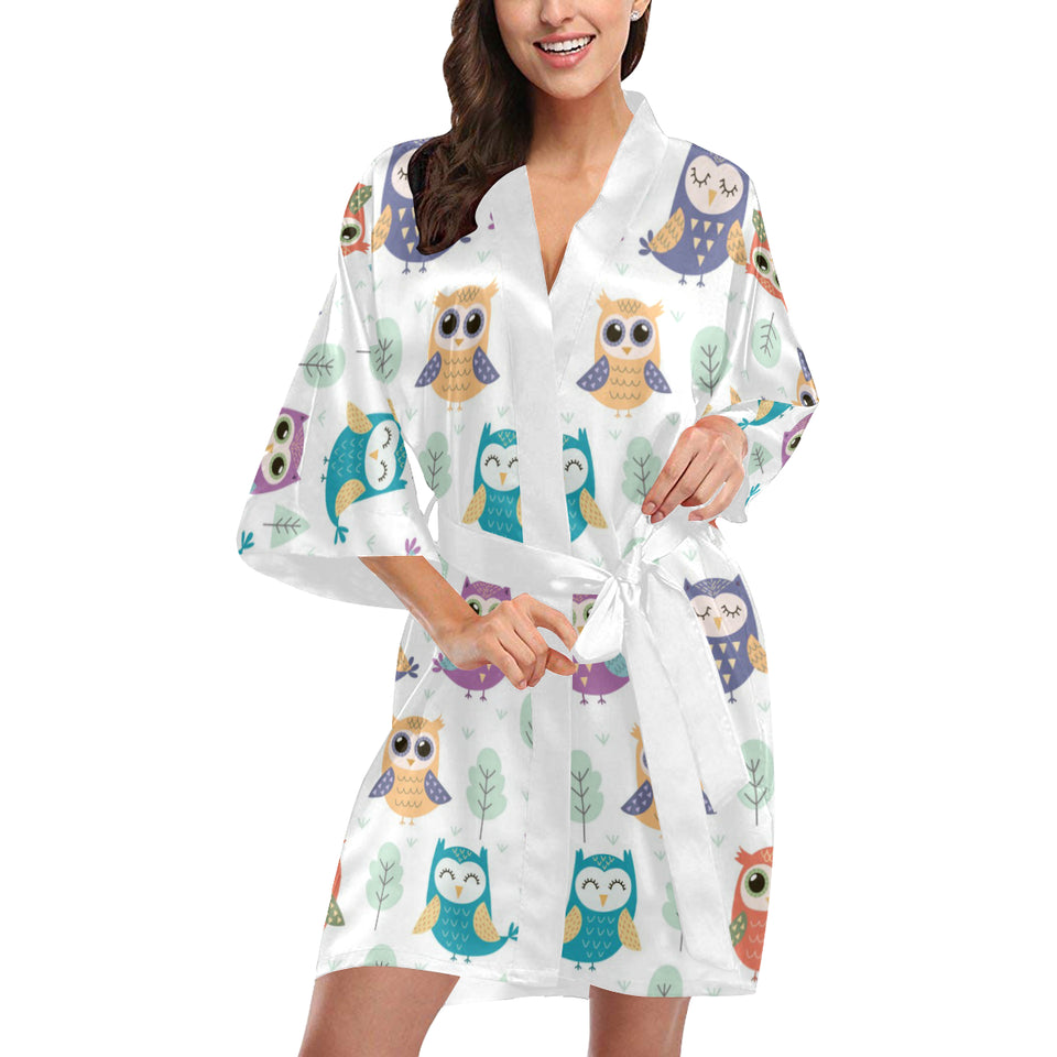Cute owl pattern Women's Short Kimono Robe