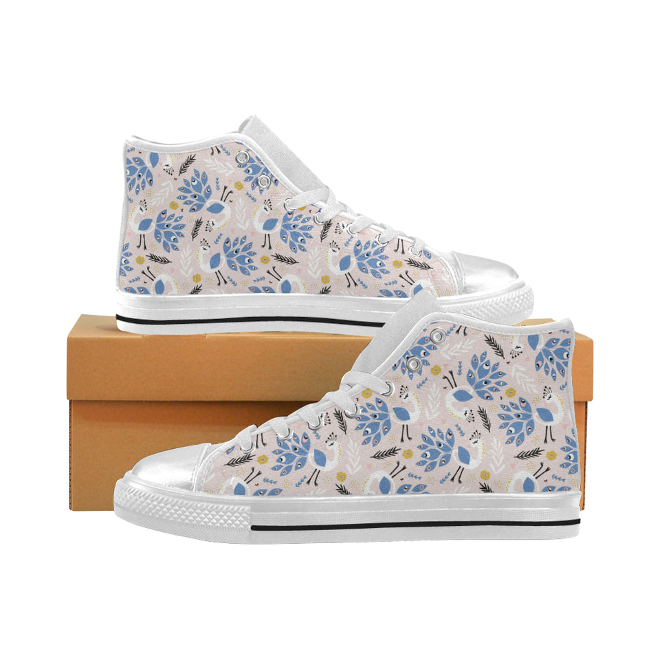 Cute peacock pattern Women's High Top Canvas Shoes White