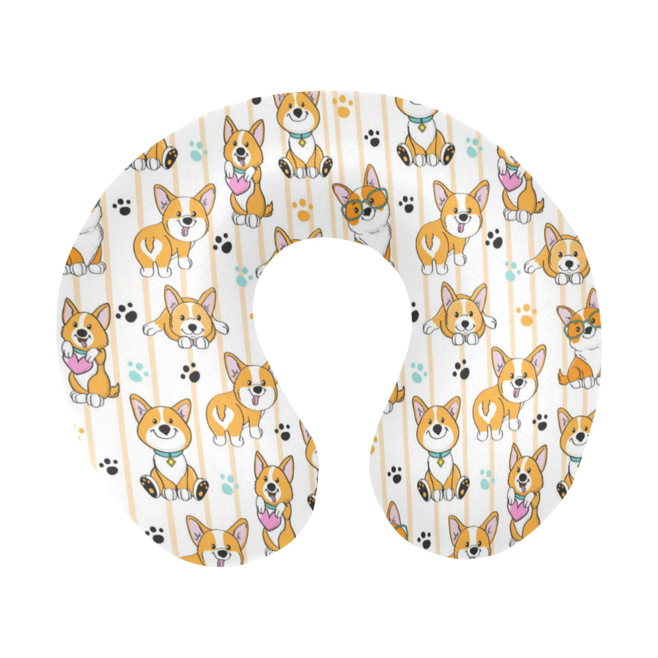 Cute dog corgi striped background pattern U-Shaped Travel Neck Pillow