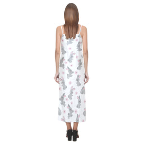 Watercolor cute rabbit pattern V-Neck Open Fork Long Dress