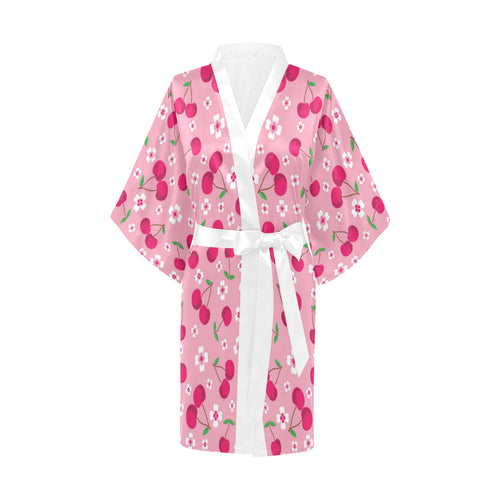 cherry flower pattern pink background Women's Short Kimono Robe