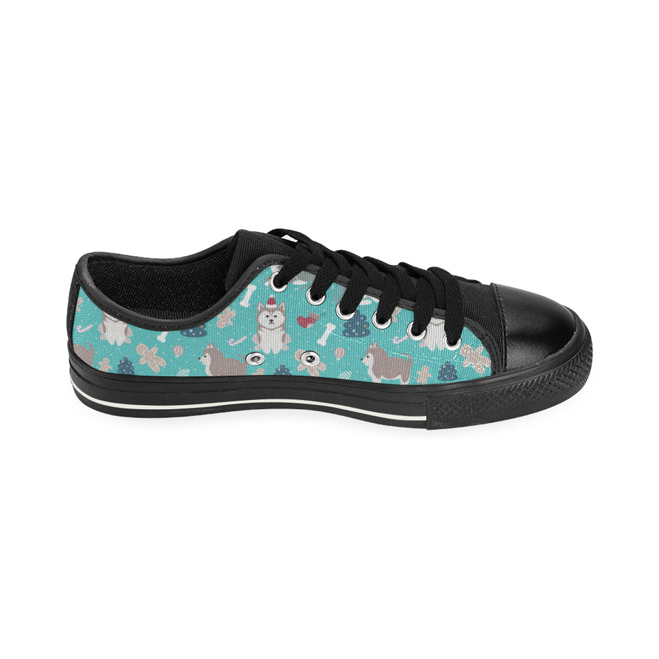 Christmas cute siberian husky puppie pattern Men's Low Top Canvas Shoes Black