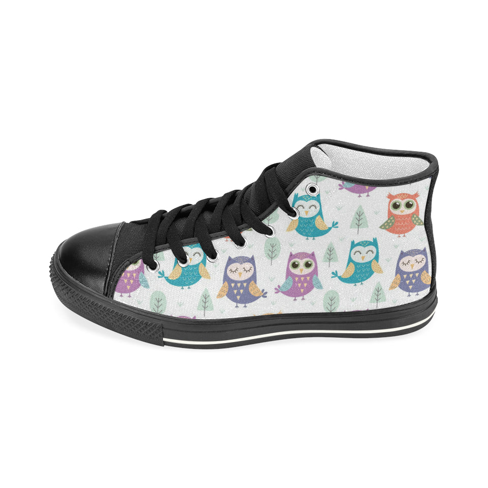 Cute owl pattern Women's High Top Canvas Shoes Black