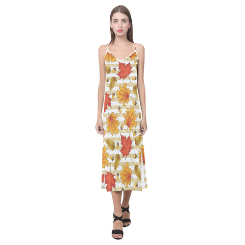 Maple leaf oak leaf acorns beige striped backgroun V-Neck Open Fork Long Dress