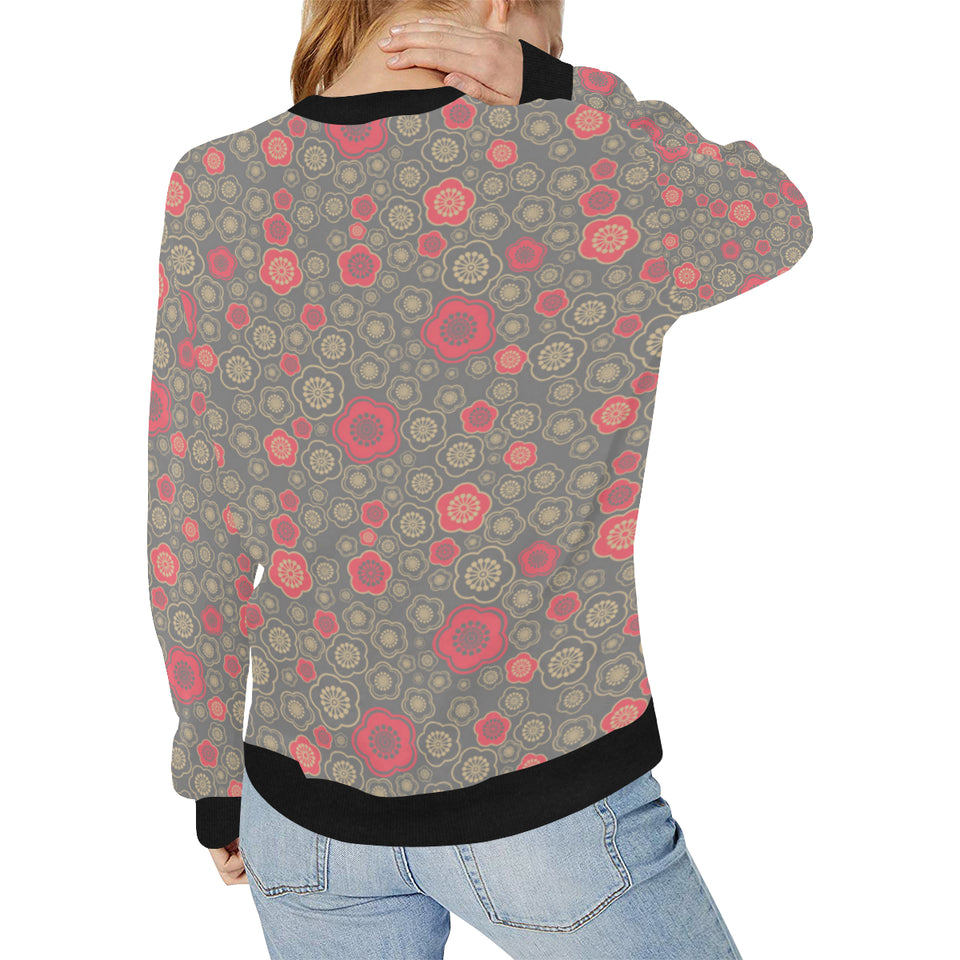 Red gold Sakura cherry blossom gray background Women's Crew Neck Sweatshirt