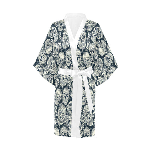 Sugar skull black white pattern Women's Short Kimono Robe
