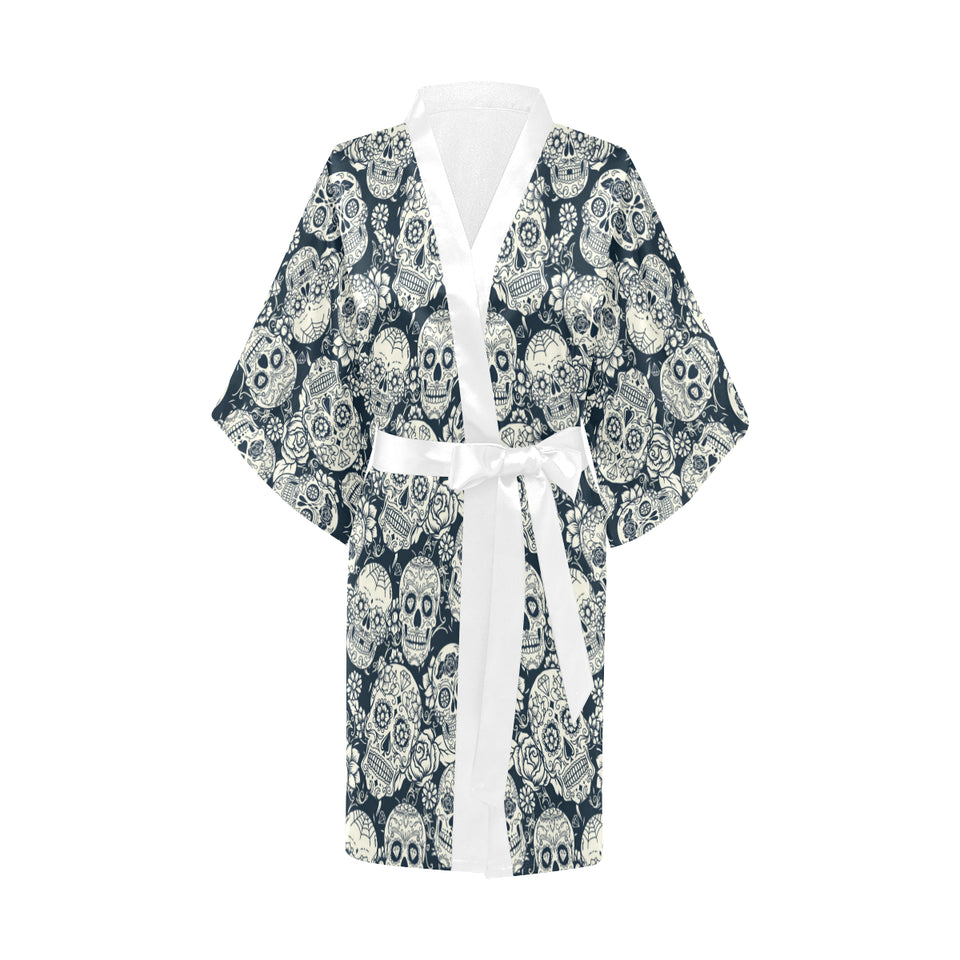 Sugar skull black white pattern Women's Short Kimono Robe