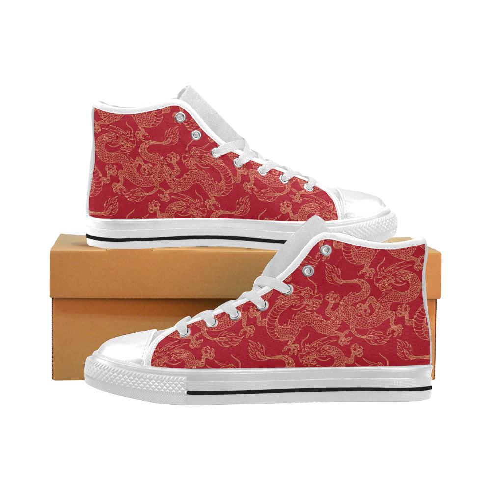 Gold dragons red background Men's High Top Canvas Shoes White