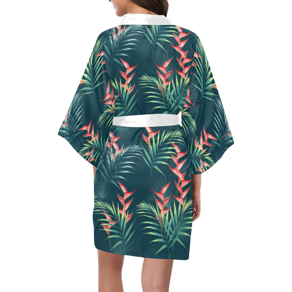 heliconia flowers, palm and monstera leaves on bla Women's Short Kimono Robe