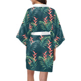 heliconia flowers, palm and monstera leaves on bla Women's Short Kimono Robe
