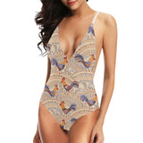 Cute rooster chicken cock floral ornament backgrou Women's One-Piece Swimsuit