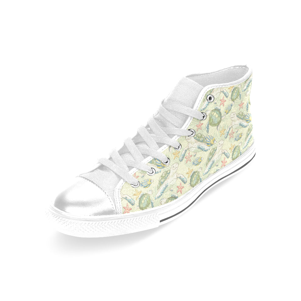 Hand drawn sea turtle fish pattern Women's High Top Canvas Shoes White