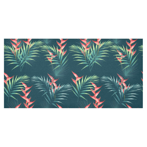 heliconia flowers, palm and monstera leaves on bla Tablecloth