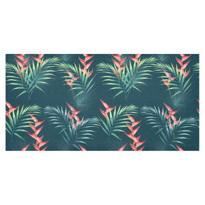 heliconia flowers, palm and monstera leaves on bla Tablecloth