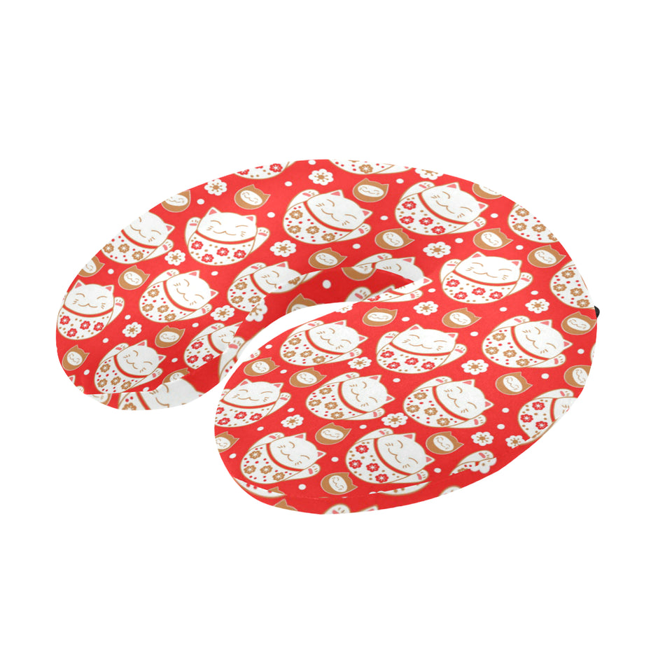 Cute Maneki neko cat red background U-Shaped Travel Neck Pillow