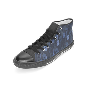 Blue Theme guitar pattern Women's High Top Canvas Shoes Black