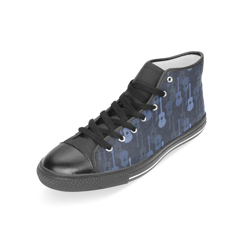 Blue Theme guitar pattern Women's High Top Canvas Shoes Black