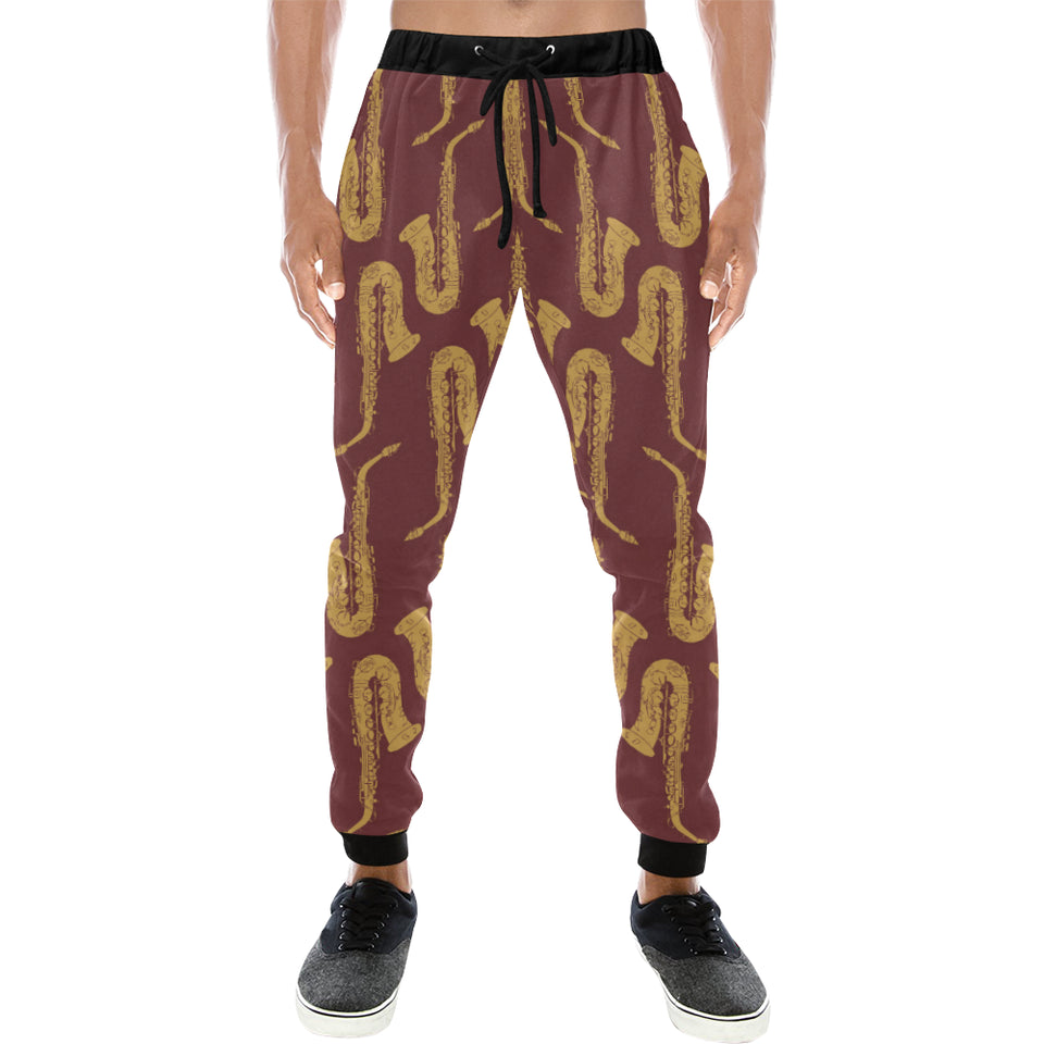 Hand drawn gold saxophone red background Unisex Casual Sweatpants
