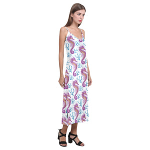 Purple seahorse blue coral pattern V-Neck Open Fork Long Dress