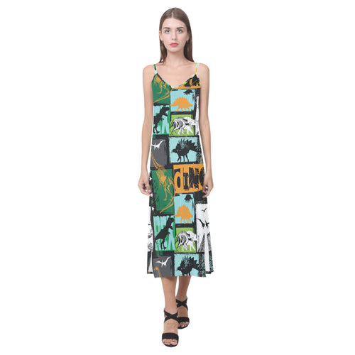 dinosaurs print pattern V-Neck Open Fork Long Dress