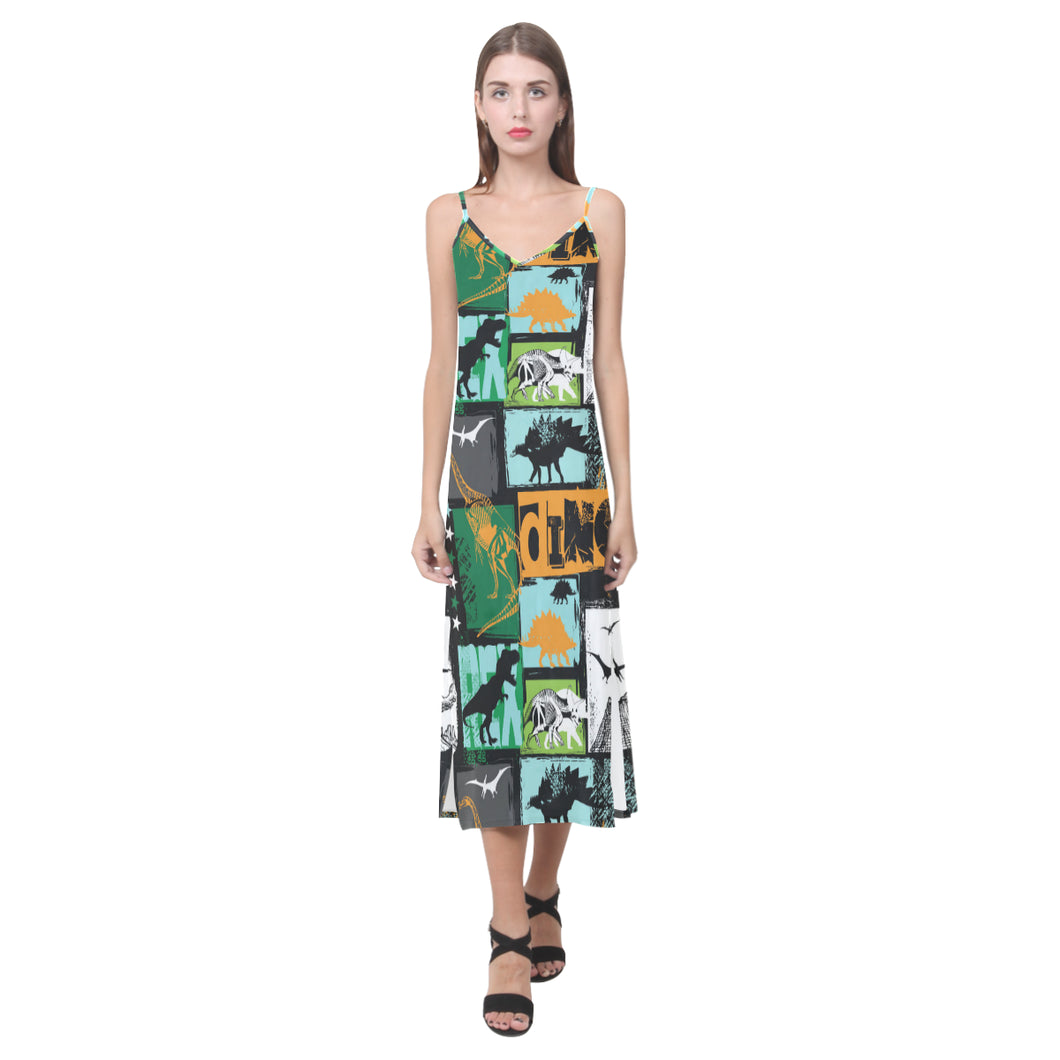 dinosaurs print pattern V-Neck Open Fork Long Dress