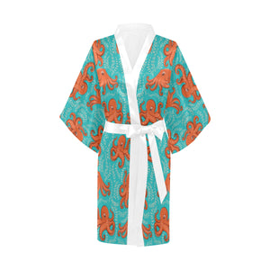 Octopus turquoise background Women's Short Kimono Robe