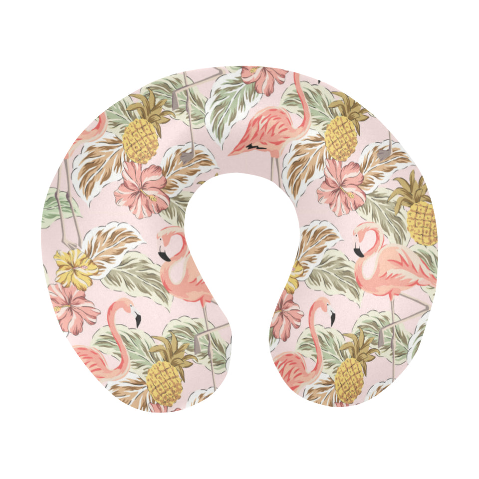 Pink flamingo birds pineapples hibiscus flower pat U-Shaped Travel Neck Pillow