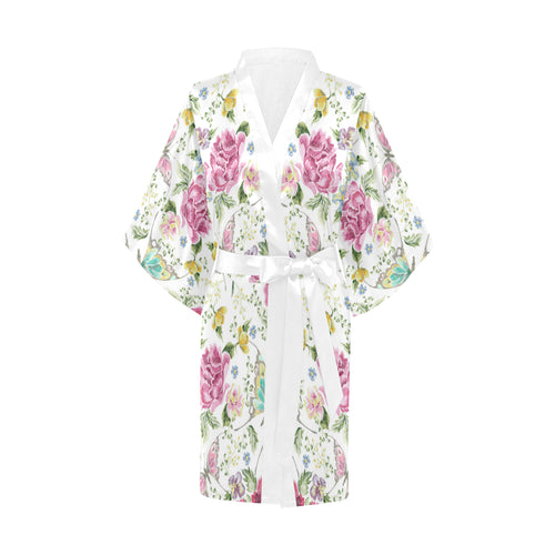 Hand drawn butterfly rose Women's Short Kimono Robe