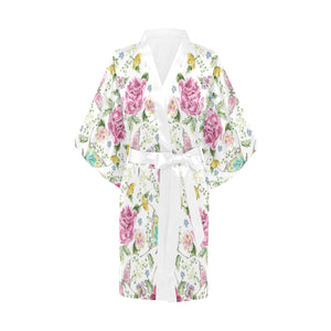 Hand drawn butterfly rose Women's Short Kimono Robe